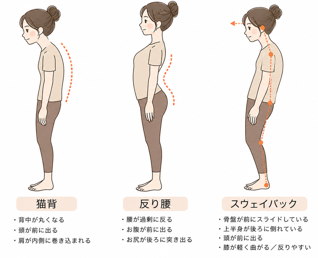 猫背、反り腰、スウェイバックなどの不良姿勢のイラスト